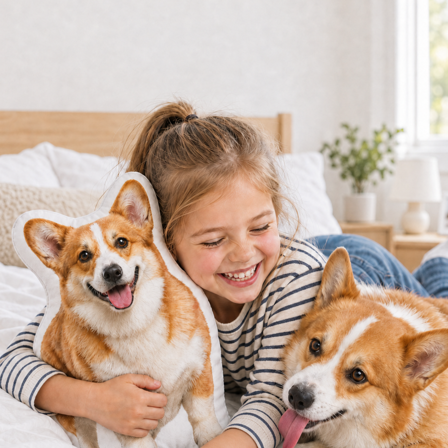 Girl on a bed hugging a Woofyful personalized corgi-shaped pet pillow while her corgi licks her wrist