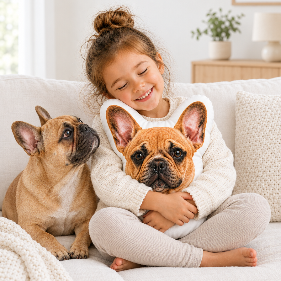 Girl hugging a Woofyful personalized French bulldog-shaped pet pillow made from her dog's photo