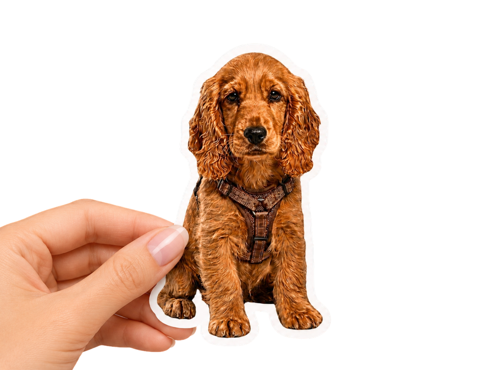 Hand holding a freshly cut custom dog sticker