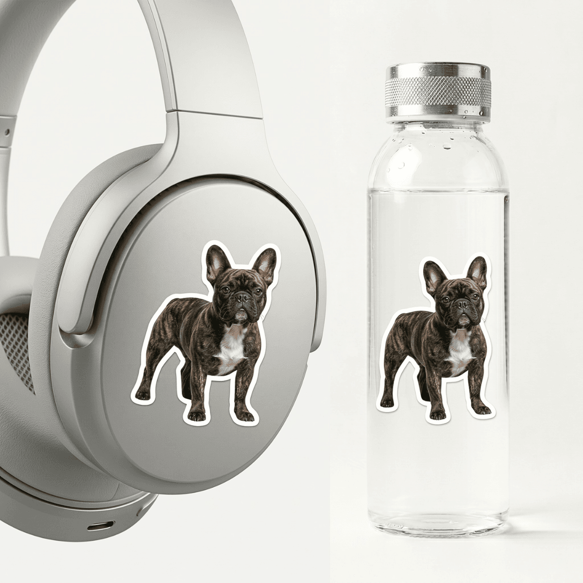 Headphones and water bottle with Woofyful custom stickers